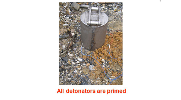 Ballistical VAS/8 the residue of the internal structure of the container after the 80 detonators have exploded Ballistical VAS/8 the residue of the internal structure of the container after the 80 detonators have exploded
